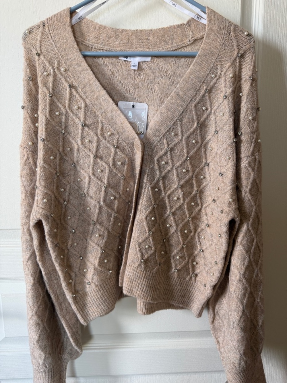 Nordstrom Pearl-Studded Beige V-Neck Sweater Cardigan